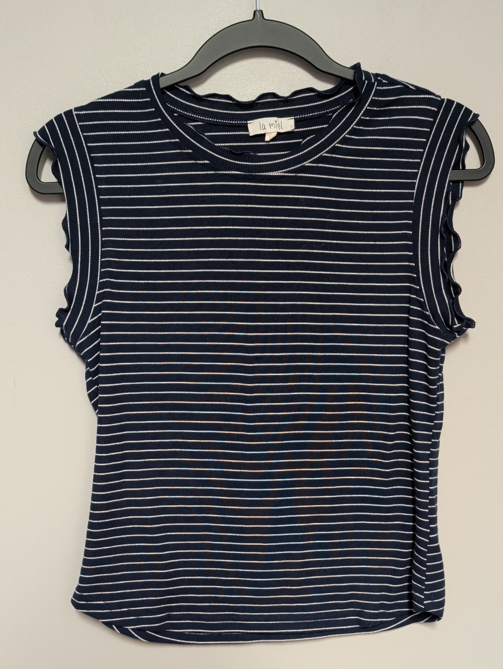LA MIEL Navy & White Striped Ruffle-Edge Tank